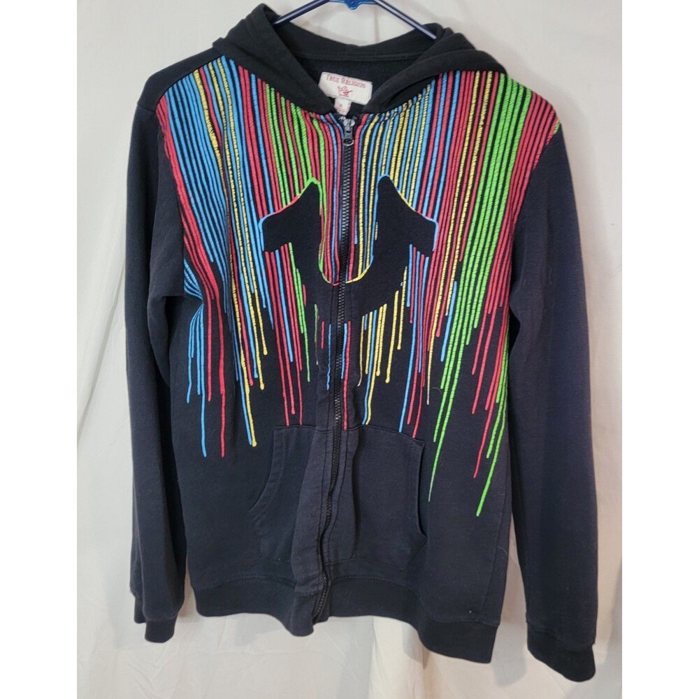 True Religion Men XL Hoodie Full Zip Rainbow Drip Horseshoe Logo Streetwear Rare